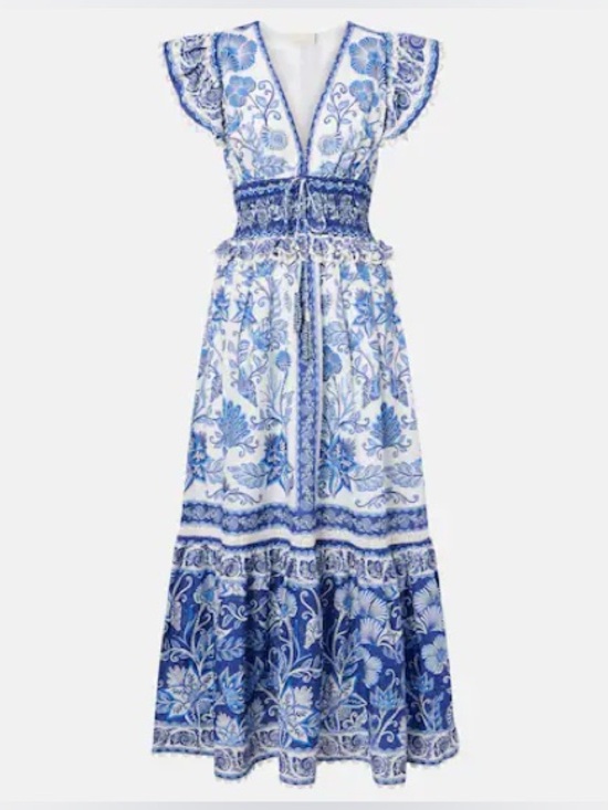FARM Rio Dresses & Skirts - FARM Rio Shell Garden Maxi Dress Blue Floral XS Cotton Smocked 25787